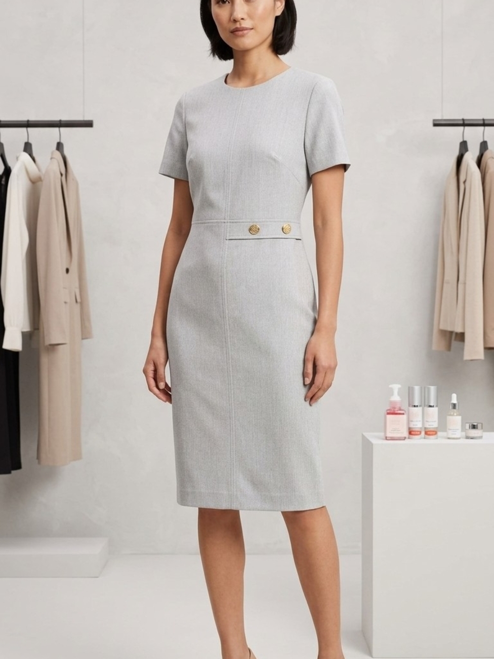 Banana Republic Light Gray Short-Sleeve Sheath Dress with Gold Buttons